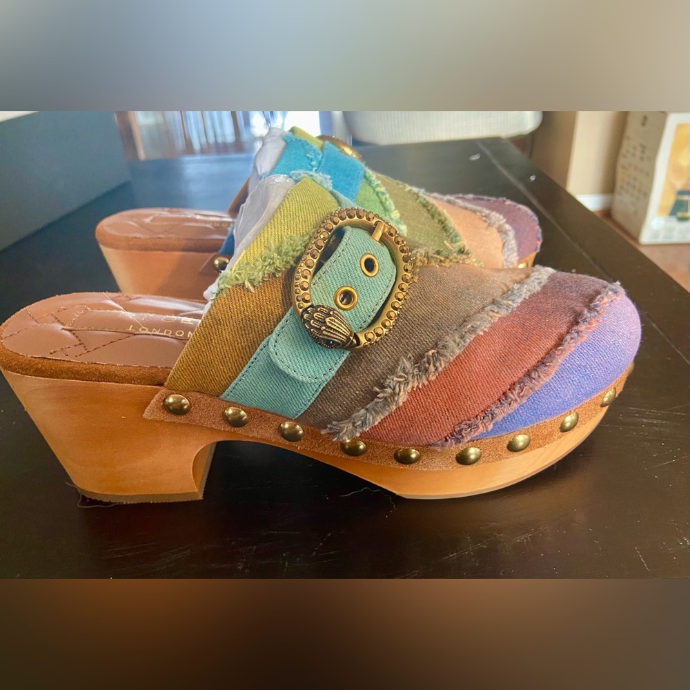 NEW Kurt Geiger London size 8  (38.5)Mayfair Rainbow Frayed Denim Platform Clogs